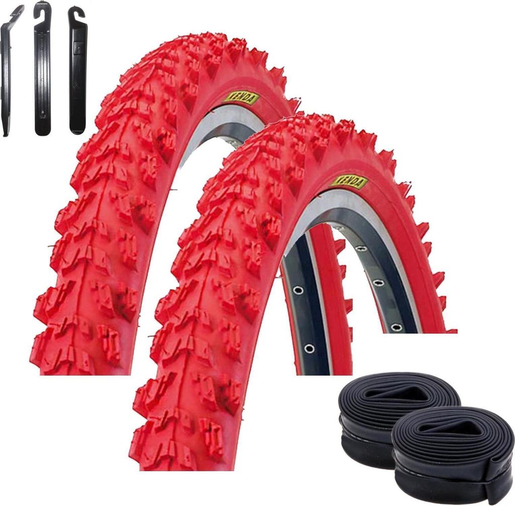 2 x Kenda 24" Pyscho K-829 MTB Fahrradreifen in Rot 50-507 (24 x 1,95) + 2 passende Schläuche AV inkl. maxxi4you Reifenheber