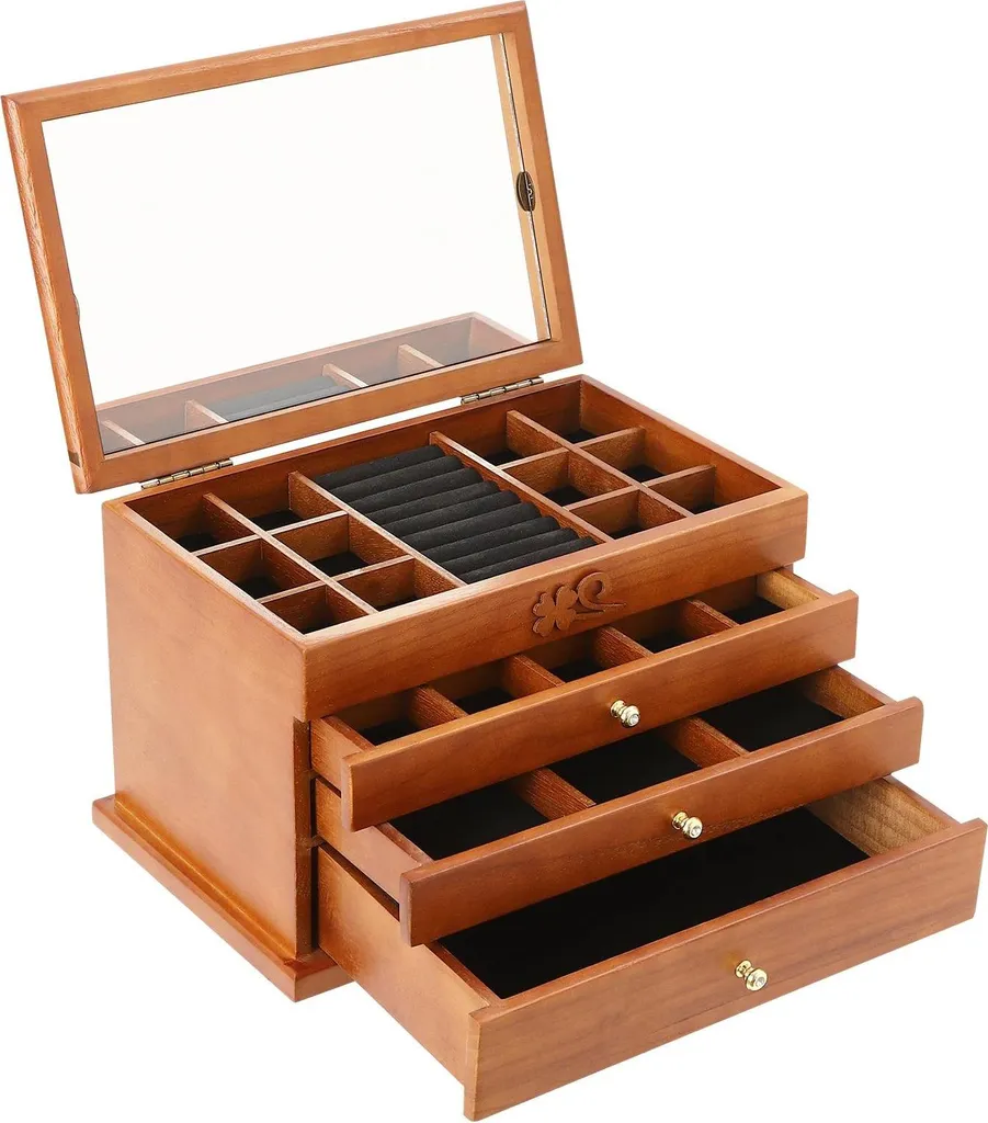 Portagioie In Legno Con 5 Cassetti E Specchio: Marrone Stile Retrò, Con Lucchetto E Ganci