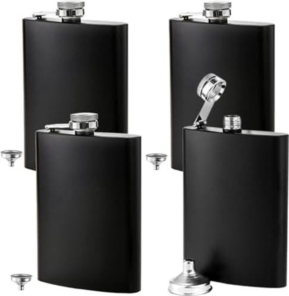 Lawei 4er Pack Flachmann mit 4 Trichter Taschenflasche Edelstahl Schnapsflasche Trinkflasche Auslaufsicher Geschenkidee - 240 ml, Schwarz