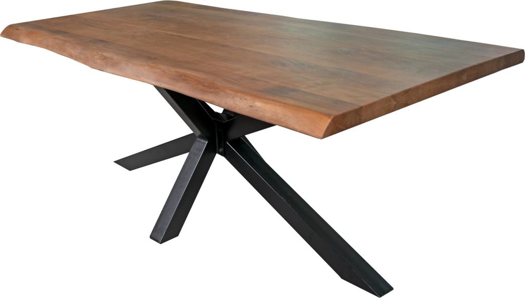Esstisch 180 x 90 cm Anny, Baumkantentisch nussbaumfarben, Akazienholz massiv, Spider-Gestell aus Metall Schwarz, Tischplattenstärke 50mm