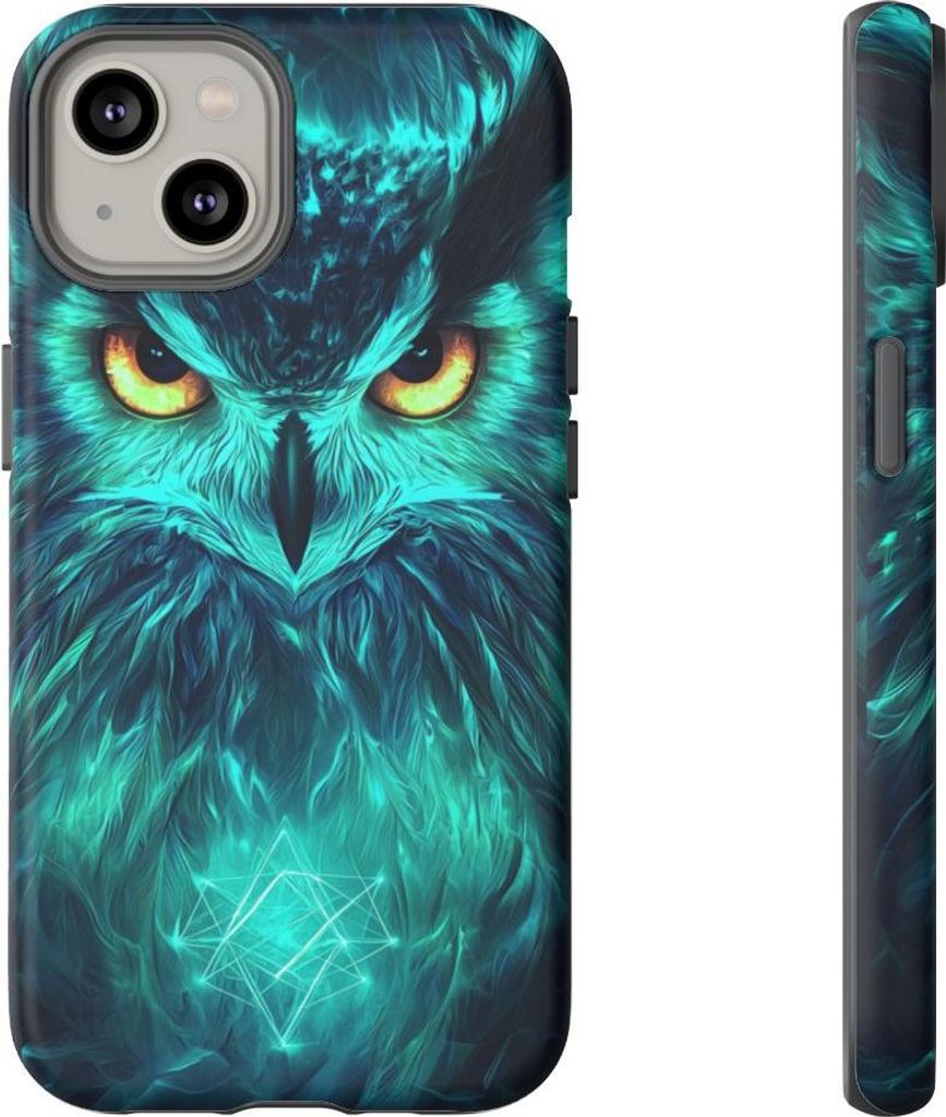 Faszinierendes Eulengesicht mit leuchtenden Augen – Handyhülle Kompatibel mit iPhone 14