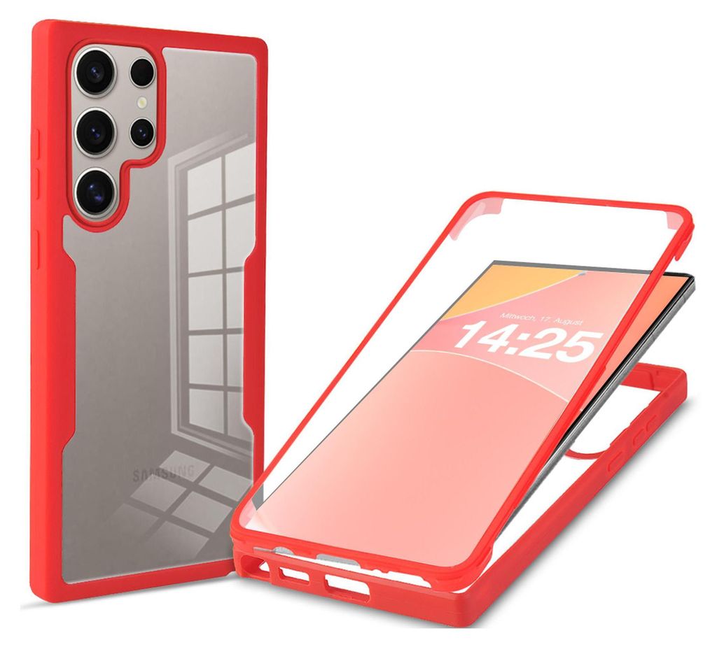 A red and clear phone case is shown, with one view of the back of a phone in the case and another view of the phone being inserted into the case.