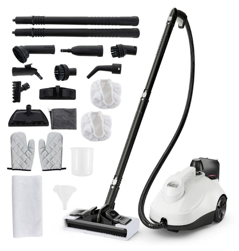 A steam cleaner and its accessories are displayed against a white background.
