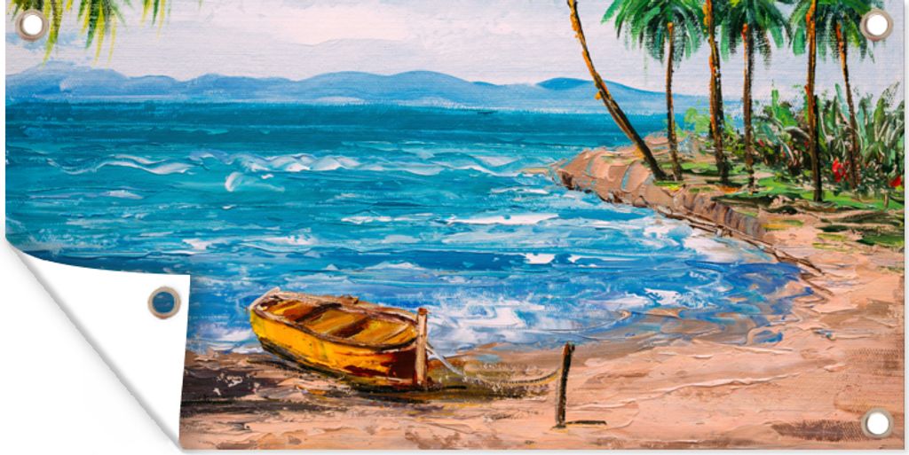 MuchoWow 60x30 cm Outdoor-Poster Gartendeko Sichtschutz Garten Poster für den Garten Gemälde - Öl auf Leinwand - Strand - Palme - Boot