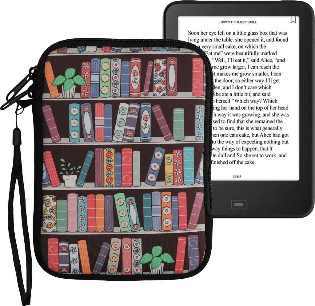 kwmobile Tasche für eReader - Neopren Hülle Schutzhülle Bücherregal mit Pflanzen Blau Grün Pink - 17 x 12 x 2 cm Innenmaße
