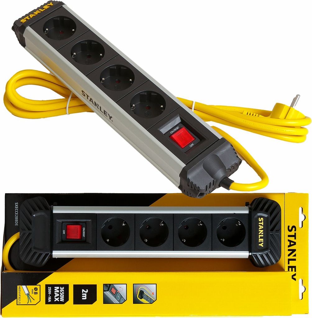 A product shot of a Stanley power strip with its packaging.