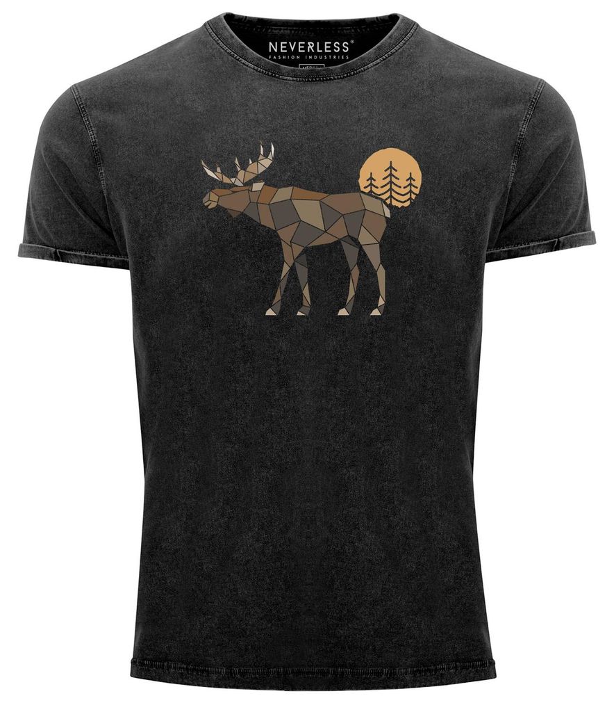 Herren Vintage Shirt Printshirt mit Aufdruck Polygon Elch Outdoor Motive Wandern Natur Wald Neverless schwarz 3XL