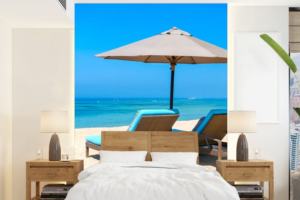 MuchoWow Fototapete für Wohnzimmer oder Schlafzimmer Wandtapete Vinyl Motivtapete Strandkorb - Sonnenschirm - Sommer - Meer - 205x280 cm - Wandbild