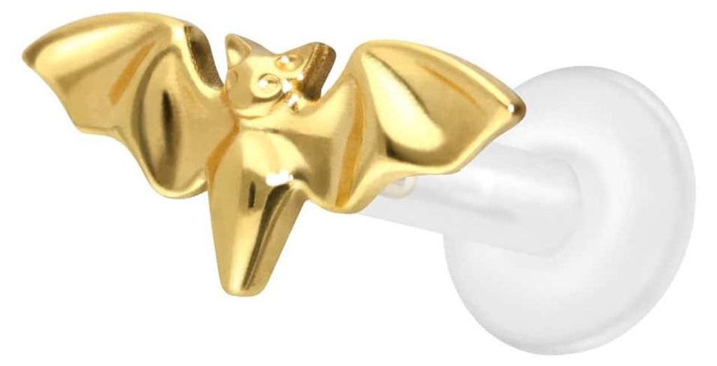 Ohrpiercing, Nasenpiercing PTFE Labret mit Innengewinde + Titan-Aufsatz FLEDERMAUS Gold Stablänge: 8mm | Stabstärke: 1,6mm