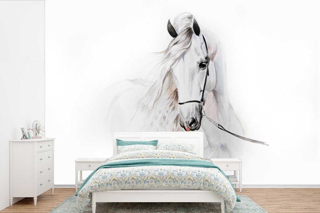 MuchoWow Fototapete für Wohnzimmer oder Schlafzimmer Wandtapete Vinyl Motivtapete Pferd - Aquarell - Tiere - Weiß - 360x240 cm - Kindertapete -...