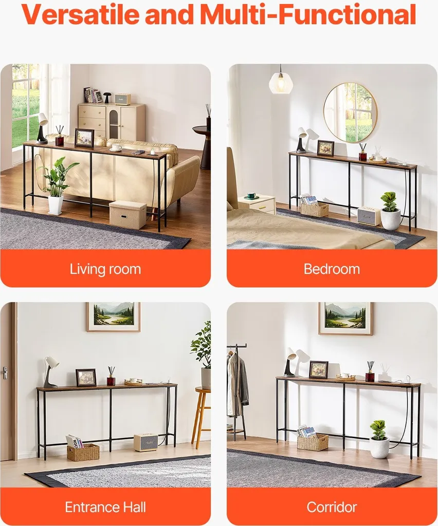 Console d'entrée fine 180cm avec multiprise intégrée style industriel - 7