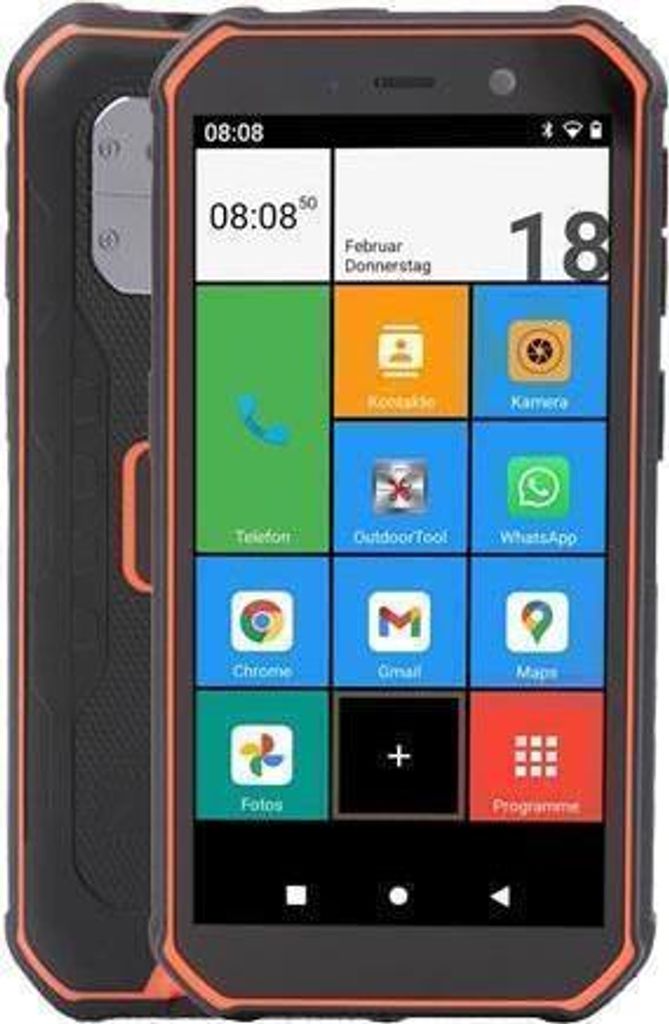 A rugged smartphone with an orange trim is shown from the front, displaying its home screen with various app icons.