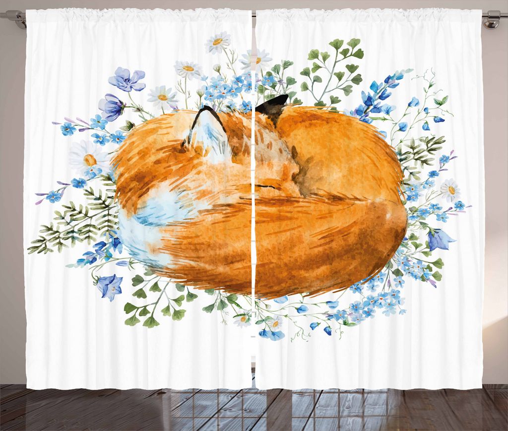 ABAKUHAUS Fuchs Rustikaler Gardine, Sleeping Fox Aquarellen, Schlafzimmer Kräuselband Vorhang mit Schlaufen und Haken, 280 x 175 cm, Orange Blue O...