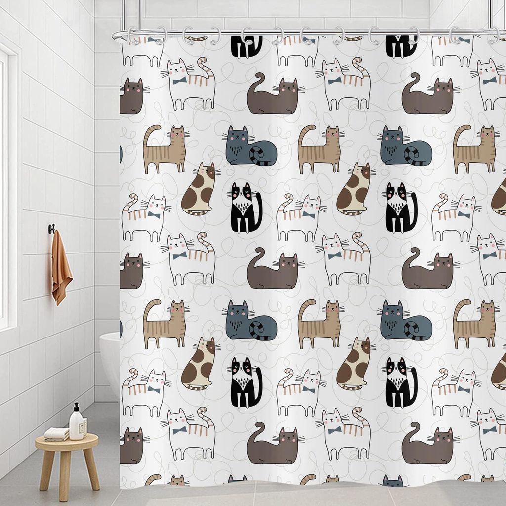 Duschvorhang mit Katzenmotiv 180x200 cm, lustiges, farbenfrohes Cartoon-Tierkätzchen, niedliches Haustier, Badezimmervorhang für Kinder, Jungen u...