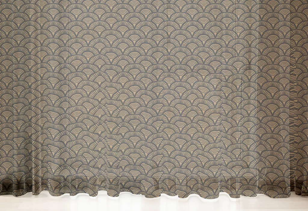 ABAKUHAUS Arazzo con conchiglie di San Giacomo, motivi astratti vintage disegnati a mano in stile Art Déco con conchiglie dai toni caldi, tessuto in raso setoso per soggiorno e camera da letto, 210 cm x 274 cm, color caramello antracite grigio - 2