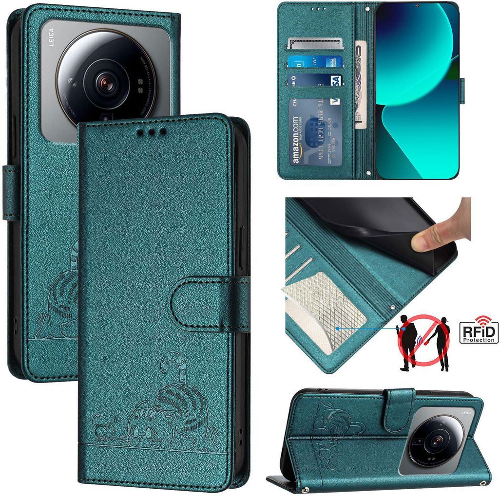 Leder Hülle für Xiaomi 12S Ultra Süße Katze Flip Case Brieftasche Schutzhülle mit Standfunktion Grün