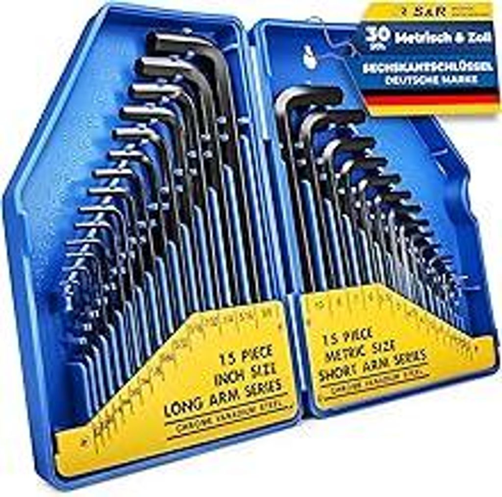 S&R Innensechskantschlüssel Satz, 30-teilig, CrV-Stahl, metrisch 0,7-10 mm & Zoll 0,028 bis 3/8, Sechskant Set präzise, langlebig & robust für F...