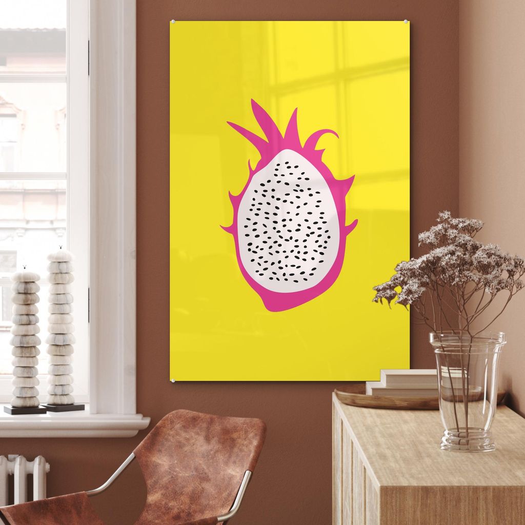MuchoWow Glasbilder - Bilder auf Wandbild - Foto auf Glas Illustration - Drachenfrucht - Farbenfroh 80x120 cm Wanddekoration aus Glas - Acrylglasbi...