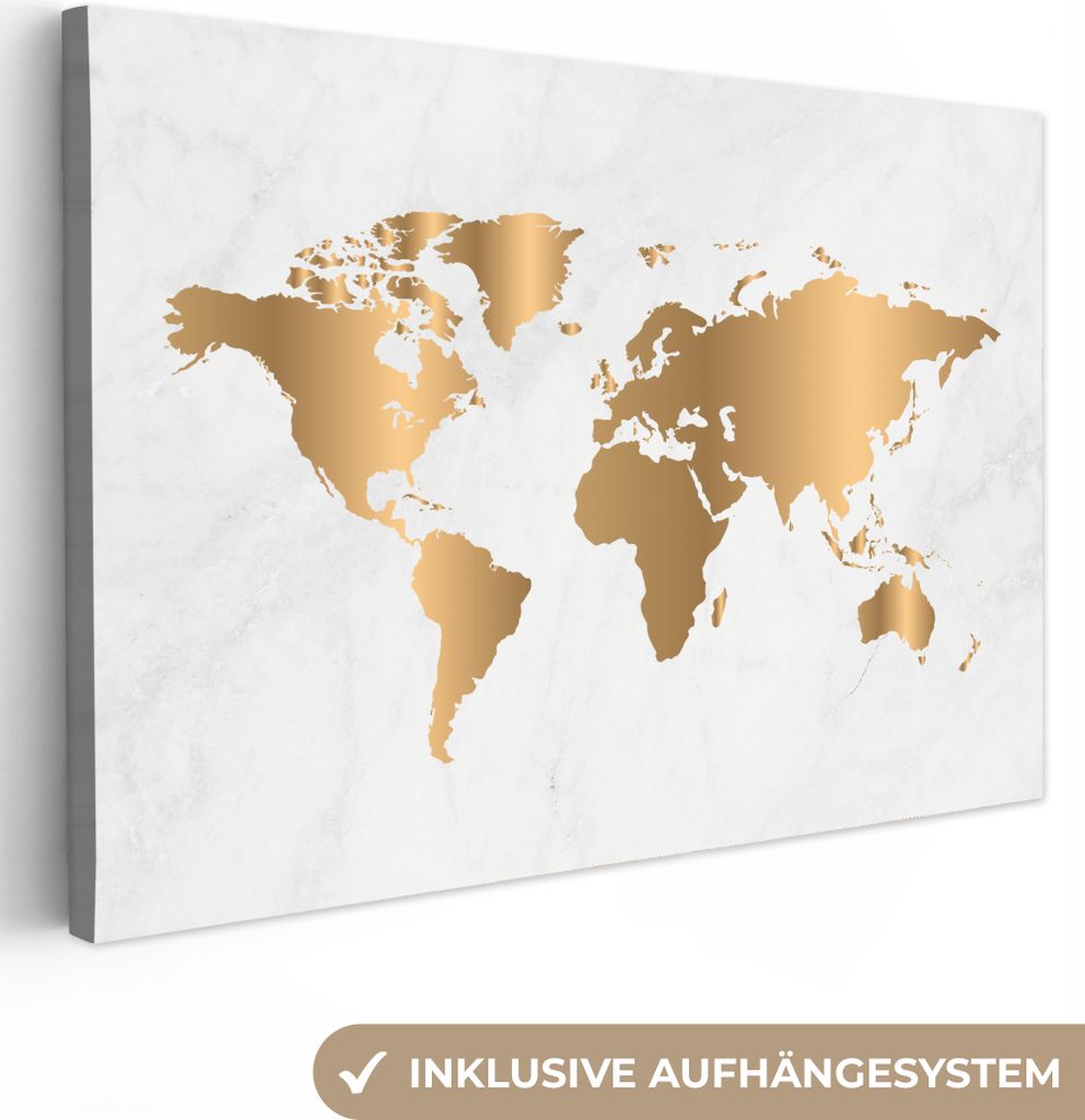 MuchoWow - Leinwandbilder - Weltkarte - Gold - Marmoroptik - Luxus - Design, Wandbild, Wanddeko Bilder Wohnzimmer, 120x80 cm