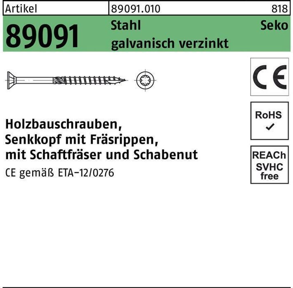 Holzbauschraube R 89091 SEKO Innensechsrund 5 x 30 -T25 Stahl galvanisch verzinkt