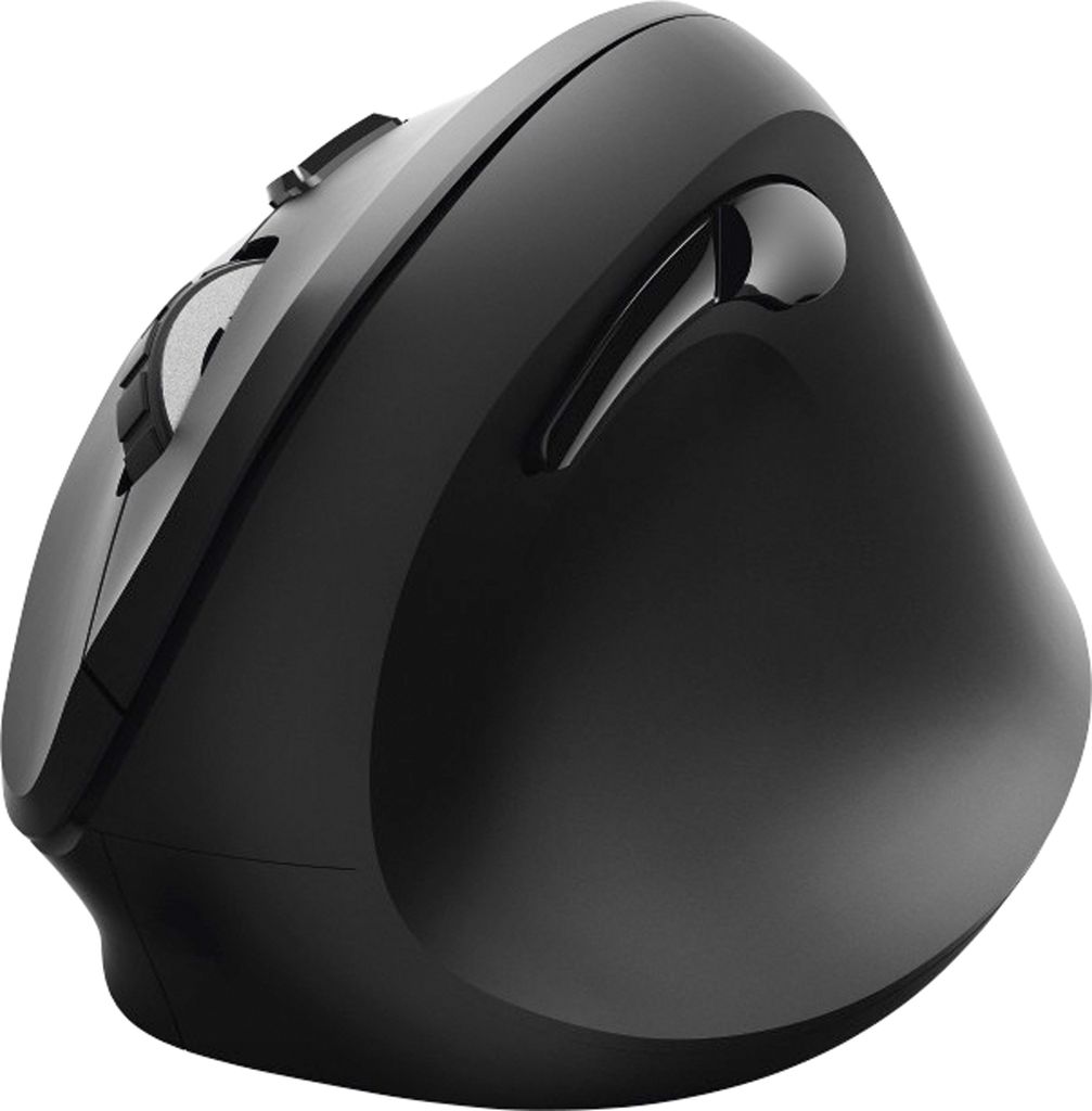 A black ergonomic vertical mouse is shown from a side angle against a white background.