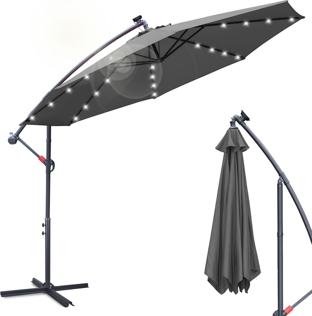 Yakimz Ampelschirm 350 cm mit LED-Beleuchtung, UV-Schutz & Kurbel - Grau