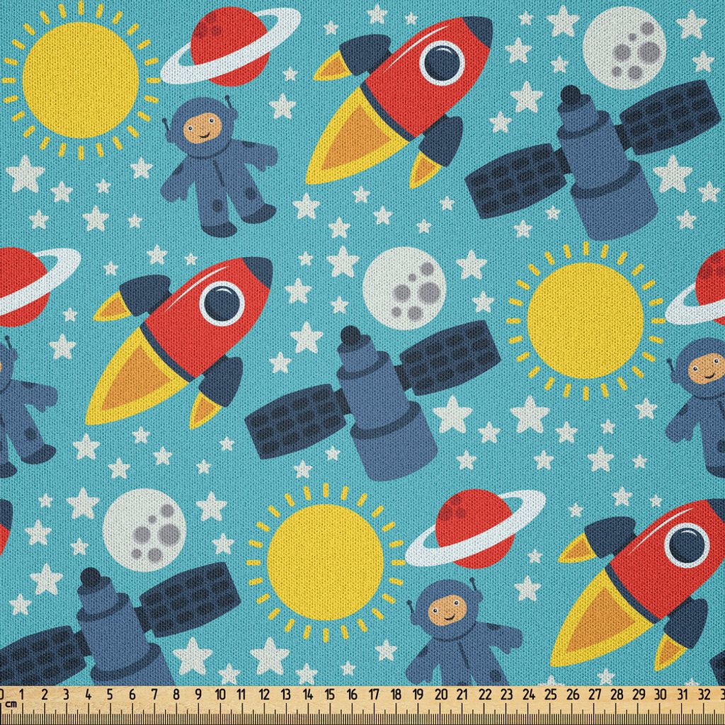 ABAKUHAUS Astronaut Microfaser Stoff als Meterware , Vibrierende Grafik mit Baby-Kosmonaut-neuen geborenen Stern-Rocket Sun Mercury Cartoon, 3 M (2...