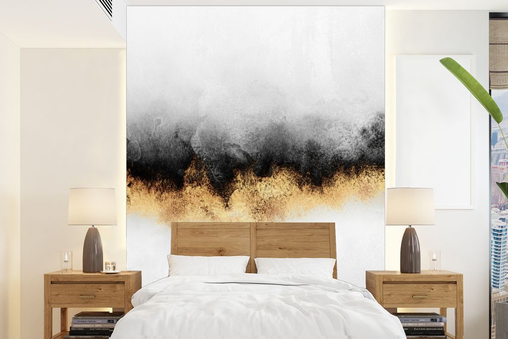 MuchoWow Fototapete für Wohnzimmer oder Schlafzimmer Wandtapete Vinyl Motivtapete Gold - Chic - Abstrakt - Schwarz - Weiß - 175x240 cm - Schlaf...