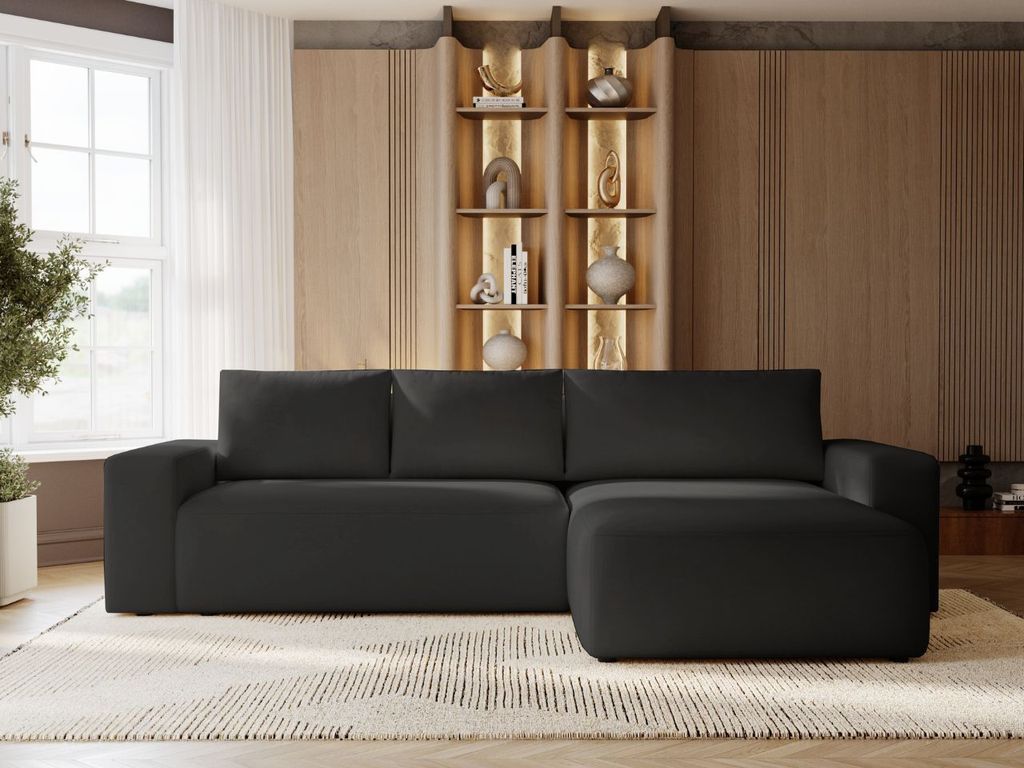 GrainGold Ecksofa L-Form Tazones Rechts - Ecksofa mit Schlaffunktion, Bettkasten - Moderne Ecksofa, Wohnzimmer Sofa - Eckcouch Schwarz (Komodo 23)