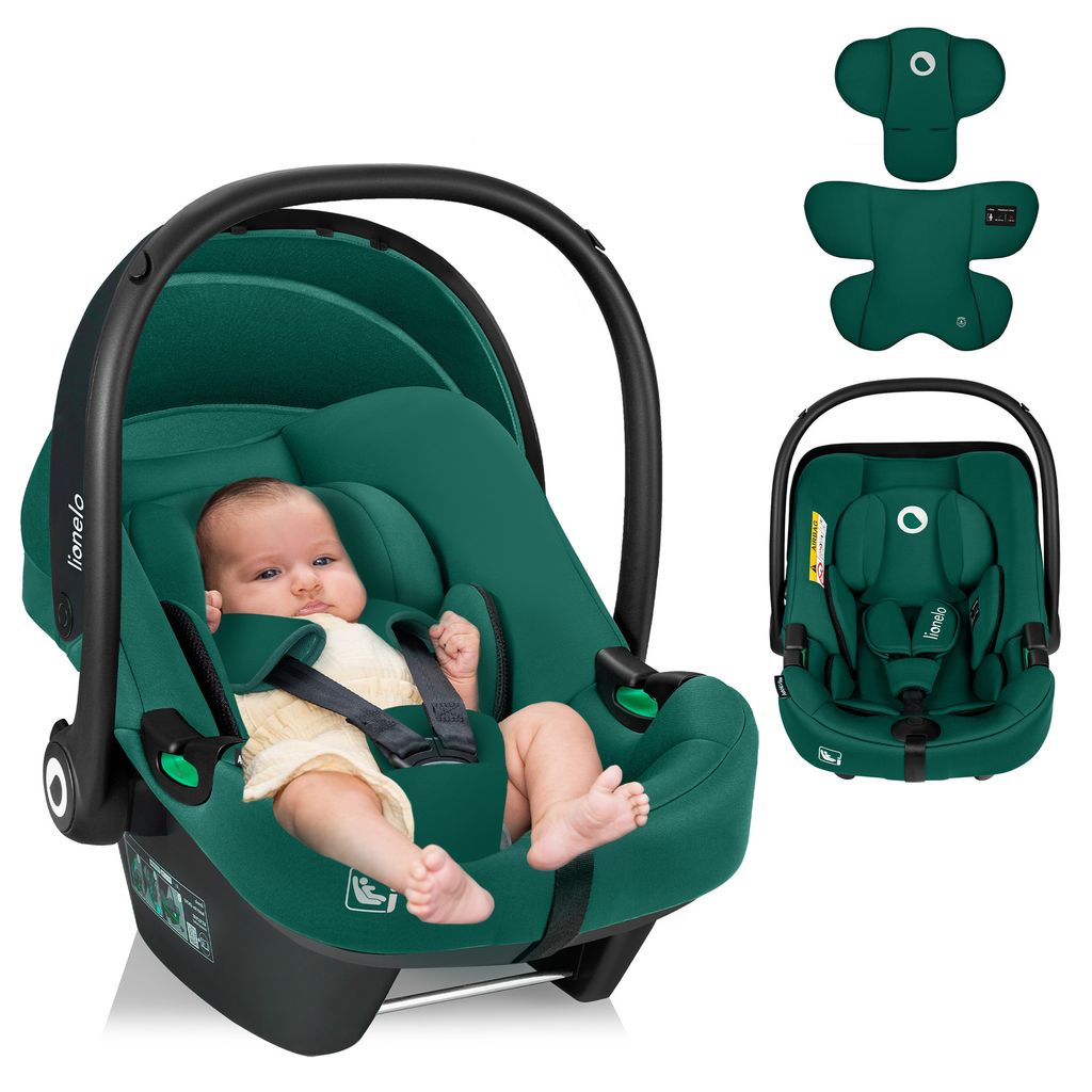 A baby is sitting in a green car seat. The car seat is shown from the front and side. There are also separate images of the car seat's padding and a smaller version of the car seat.