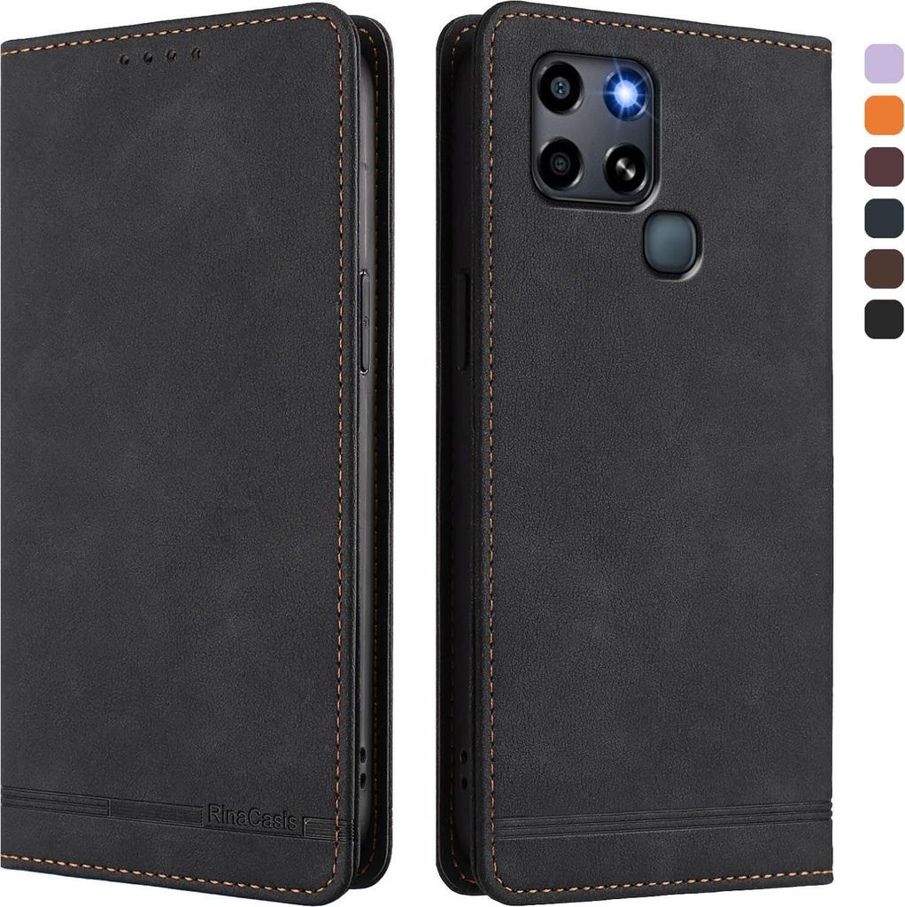 Hülle für Infinix Smart 6 / Smart 6+, Retro Kunstleder Ständer Klapphülle mit Kartenfächer und Magnetische Schwarz