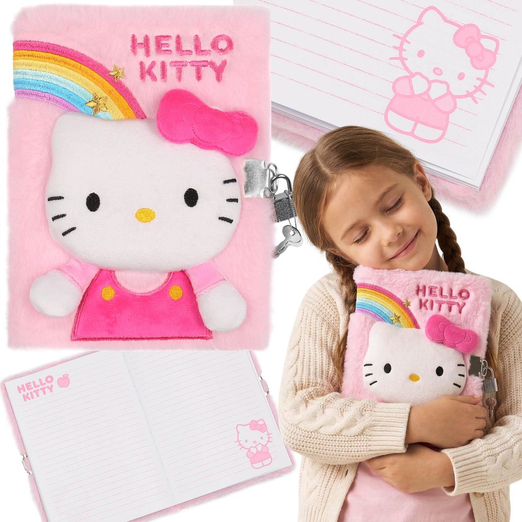 Hello Kitty Plüsch Notizbuch für Mädchen, Tagebuch am Schlüsselband, liniertes Schulheft im A5-Format