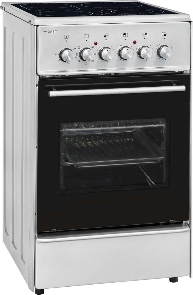 A freestanding electric cooker with a glass ceramic hob and an oven.