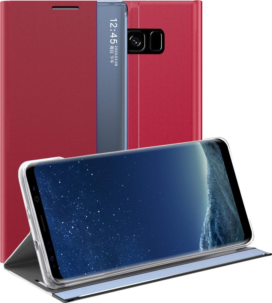Galaxy S8 Hülle, LaimTop Slim Flip Leder Smart View Window Klappetui Schutzhülle mit Standfunktion für Samsung Galaxy S8 Rot