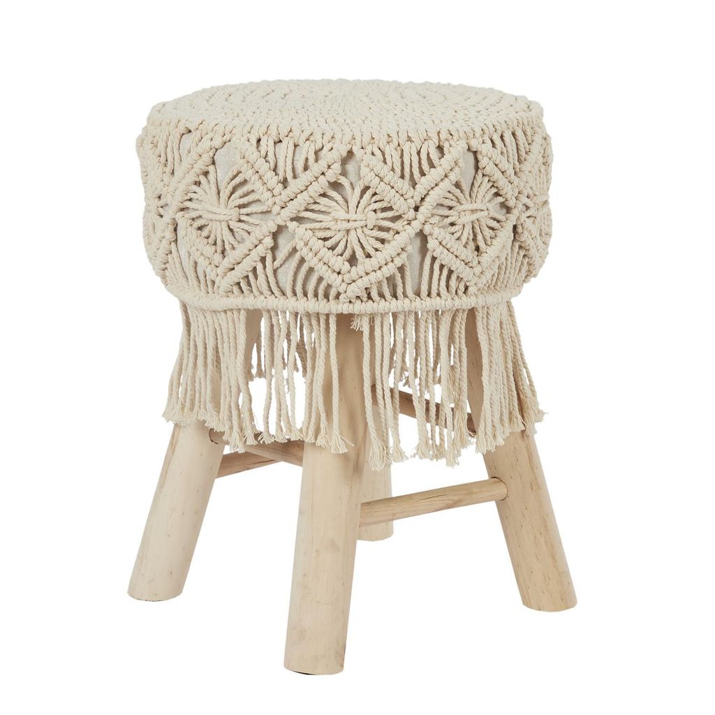Bohemian Holzhocker mit handgefertigtem Macramé - Ø 32 x 42 cm - Einzigartiges Design - Braun