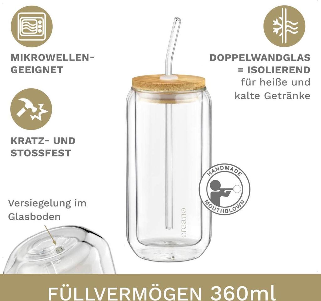 Creano doppelwandiges Trinkglas mit Bambusdeckel & Produktbild 2