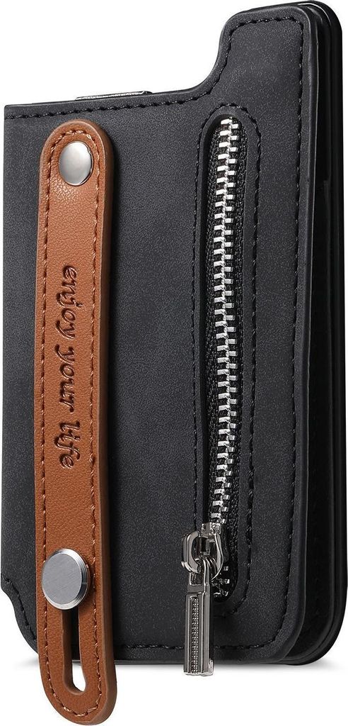 INF Magsafe Magnetische Kunstleder Kartenhalter mit Handschlaufe & Reißverschluss Schwarz
