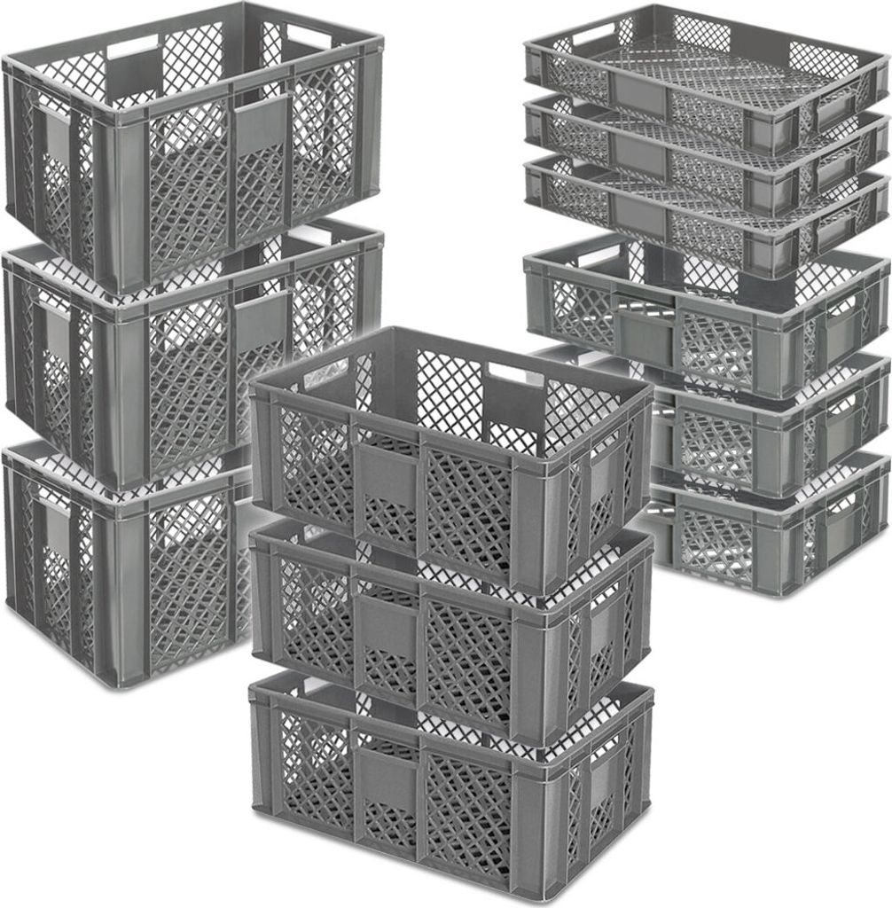 Multiple stacks of gray plastic crates are arranged on a white background.