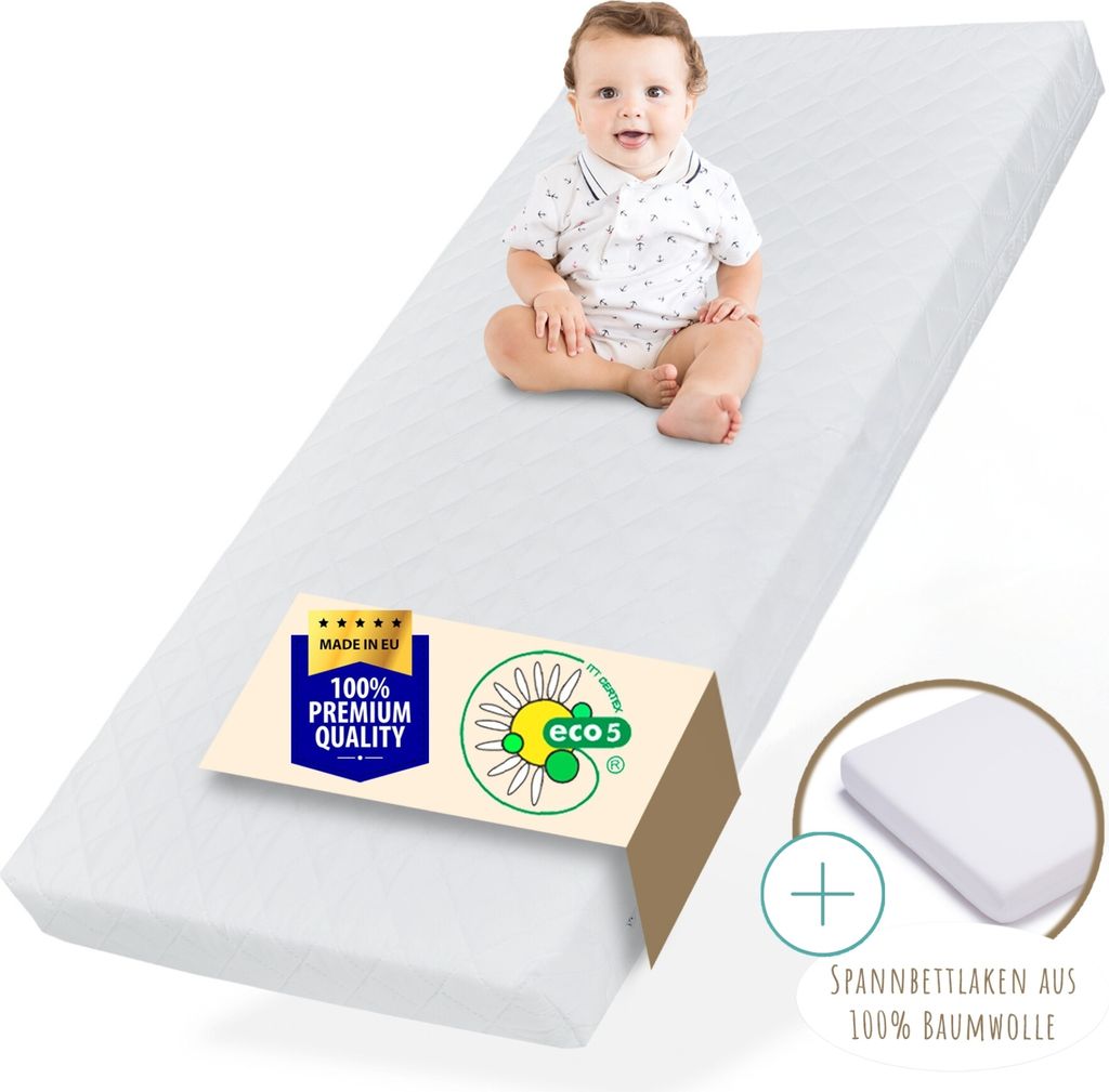 Matratze waschbarer Bezug Kinder 10 cm hoch, eco5 Wendematratze Matratze mit Spannbettlaken, für Kinderbett & Babybett, 70x140 cm