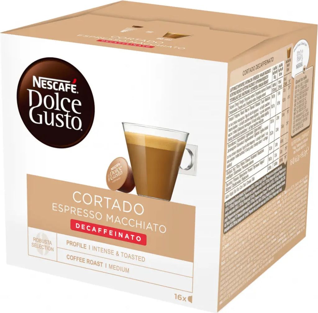 A box of Nescafé Dolce Gusto Cortado Espresso Macchiato Decaffeinato coffee capsules.