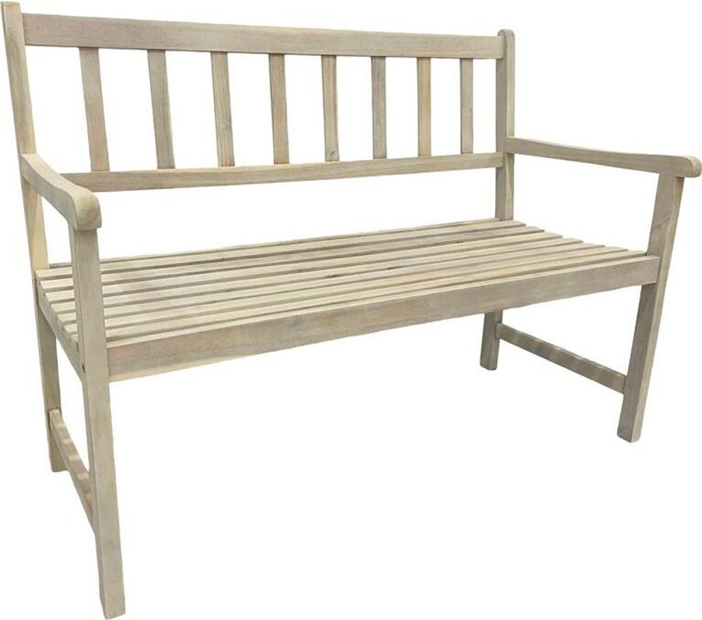 A light-colored wooden garden bench against a white background.