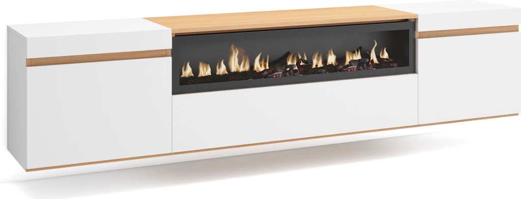 A modern TV cabinet with a built-in electric fireplace, presented against a white background.