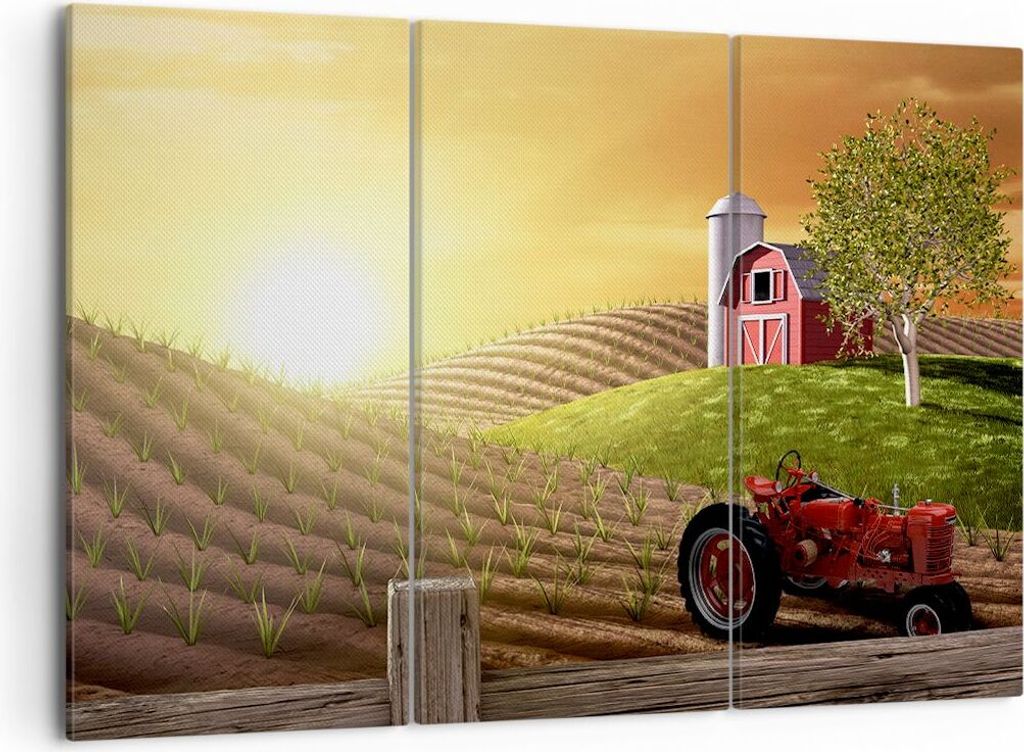 Bild auf Leinwand - Leinwandbild - Morgen Bauernhof Feld Plantage - 105x70cm - Wand Bild - Wanddeko - Leinwanddruck - Bilder - Kunstdruck - Wanddek...