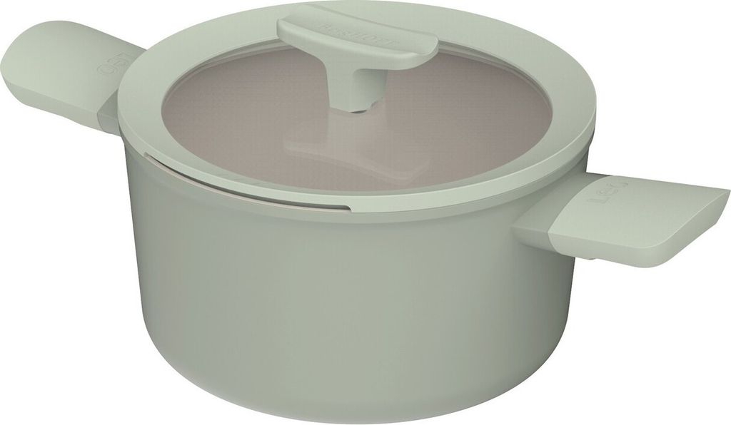A sage green pot with a white lid and handles, shown from a slightly elevated side angle on a white background.