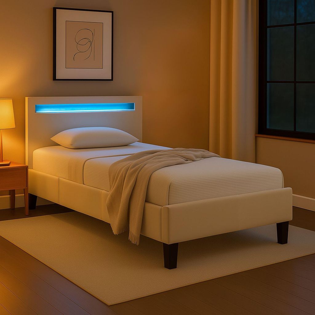 Polsterbett BAGO 90 x 200 cm, inkl LED Beleuchtung - Jugendbett mit Lattenrost, Stoffbezug in Cremeweiß