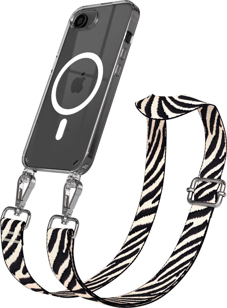 EAZY CASE - Handykette mit MagSafe Hülle für Apple iPhone 16e, Handyband Zebra Style,Karabiner Silber, Umhängeband in Schwarz