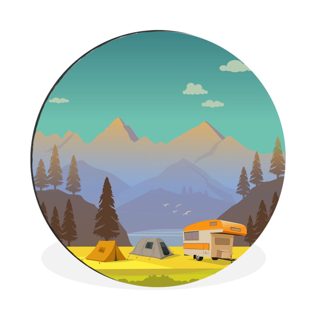 MuchoWow Aluminium Wandkreis Illustration eines Wohnmobils zwischen den Bergen Ø 90 cm Wanddeko Modern Wohnzimmer - Mauerkreis - Wandbilder - Ru...