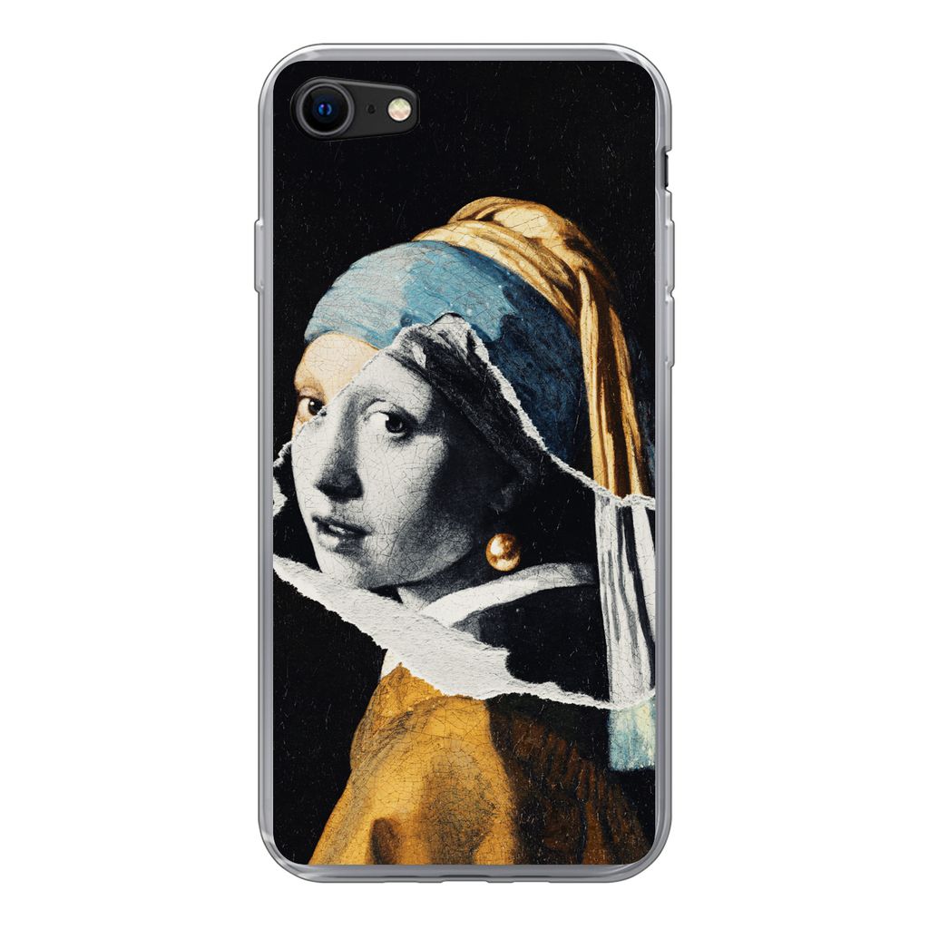 MuchoWow Handyhülle Schutzhülle Hülle für iPhone 8 Mädchen mit Perlenohrring - Gold - Schwarz - Weiß Silikon Softcase Handy Hülle - Schutz...