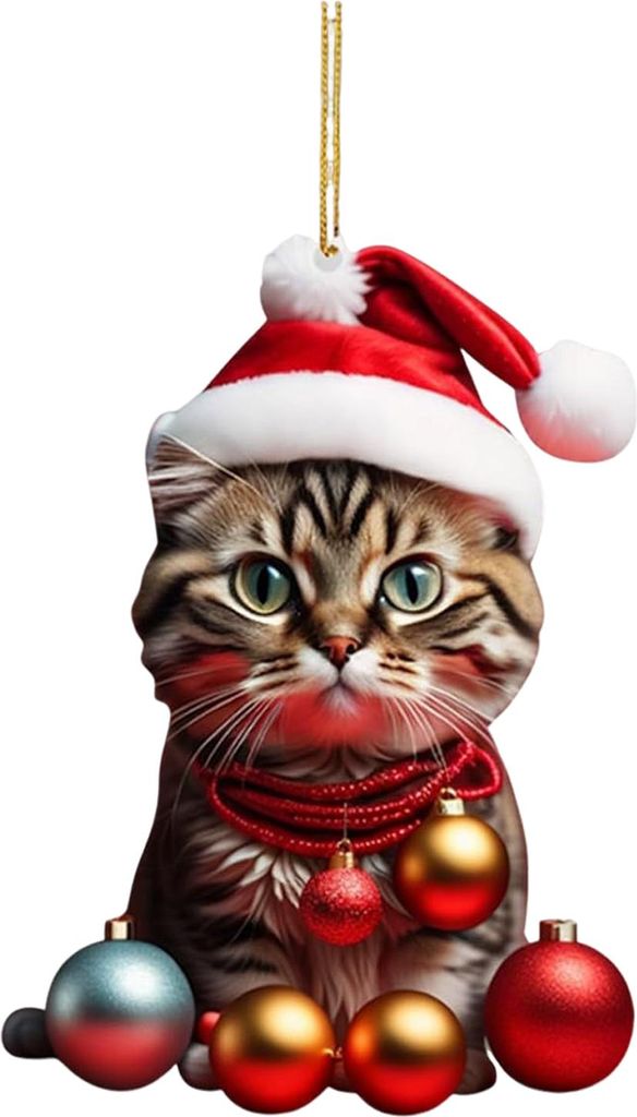 Weihnachtskatzen-Ornamente, Acrylkatzen mit Weihnachtsmannmütze, Anhänger, süße Cartoon-Katzen, Kugelornament, 2D, flaches Kätzchen, Weihnacht...