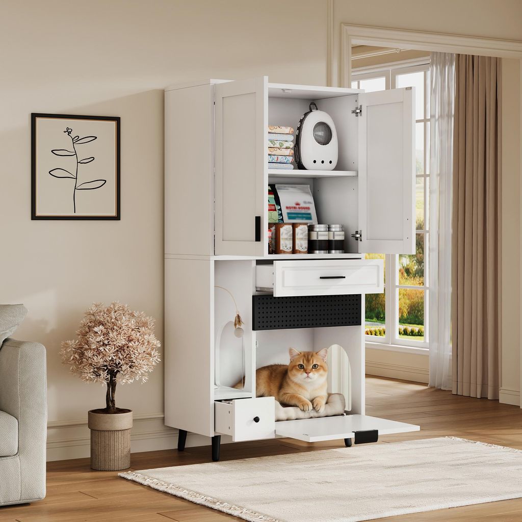 okwish Katzenschrank Aufbewahrungsschrank mit Schubladen und Katzenbettbereich,Wohnzimmerschrank,Schubladenschrankmit Teilungslagerung und verstell...